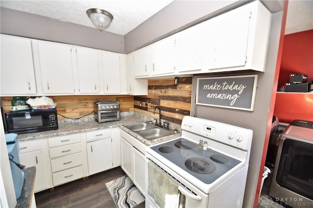 kitchen with dark wood-type flooring, washer / dryer, sink, white cabinetry, and white electric stove