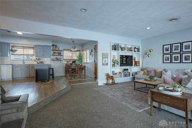 living room featuring dark wood-type flooring and sink