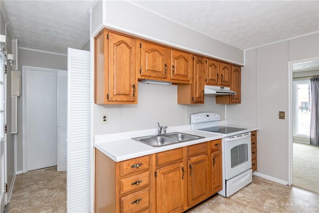 kitchen with sink, white range with electric stovetop, and a textured ceiling