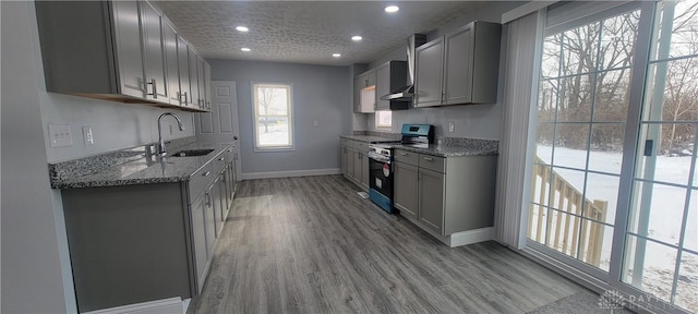 kitchen featuring a wealth of natural light, light wood-type flooring, sink, and stainless steel stove