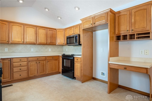 kitchen with black range with electric stovetop, decorative backsplash, vaulted ceiling, and light tile patterned flooring