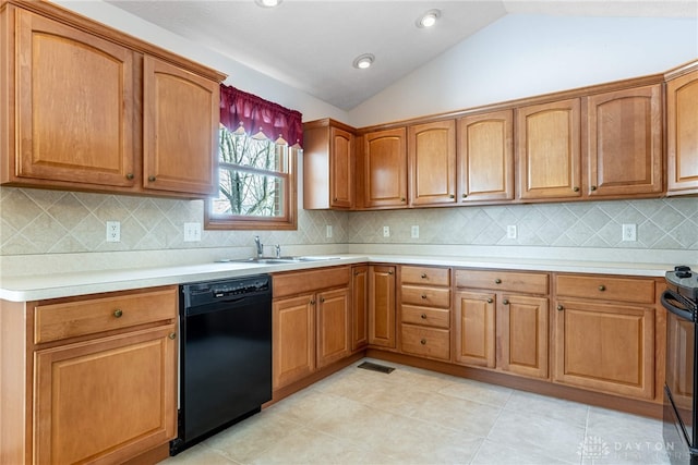 kitchen with black appliances, light tile patterned floors, sink, backsplash, and vaulted ceiling