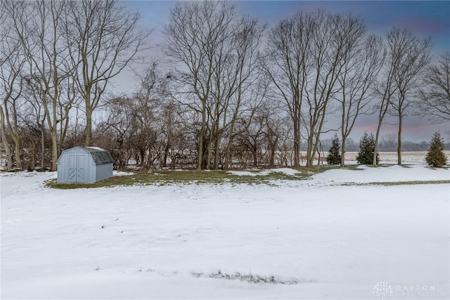 yard covered in snow featuring a storage shed