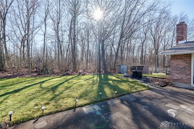 view of yard featuring a storage unit