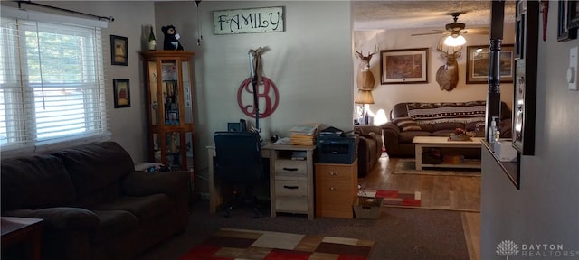 living area featuring a ceiling fan and wood finished floors