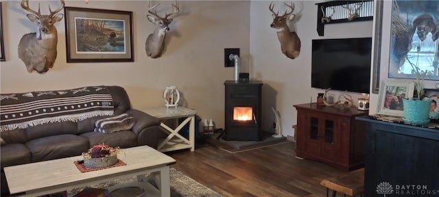 living room featuring dark wood-style floors and a wood stove