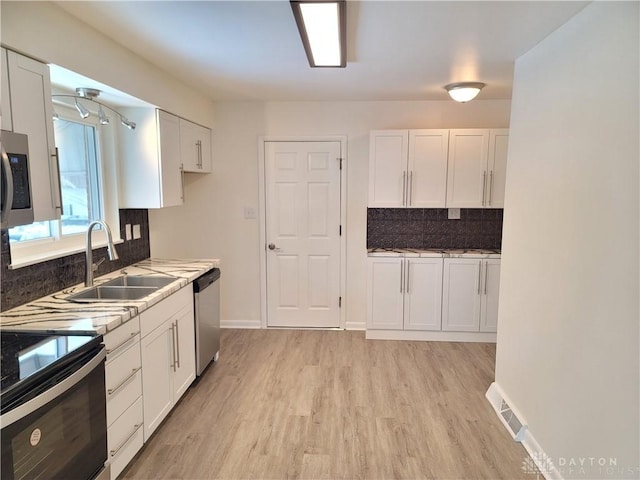 kitchen with white cabinetry, stainless steel dishwasher, sink, electric range, and light hardwood / wood-style flooring