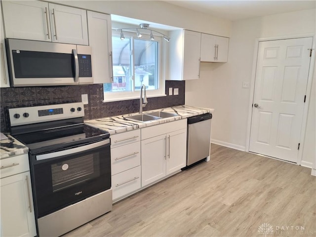 kitchen with sink, white cabinetry, and stainless steel appliances