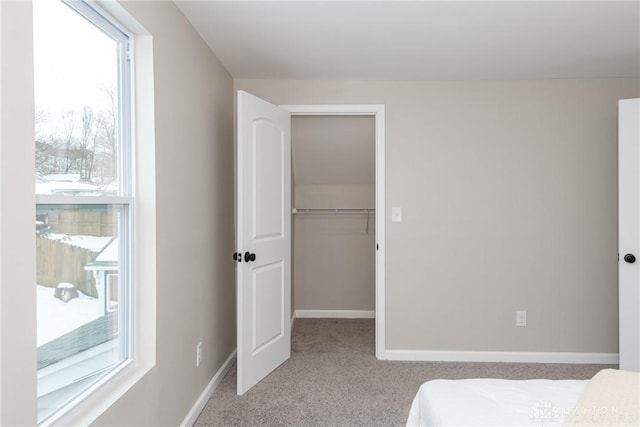 carpeted bedroom with a spacious closet and a closet