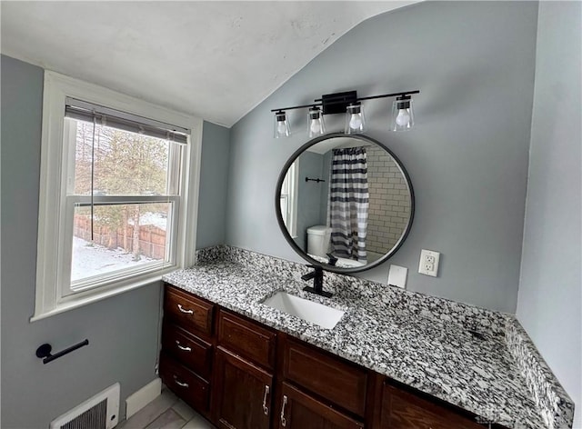 bathroom with vanity, lofted ceiling, and toilet