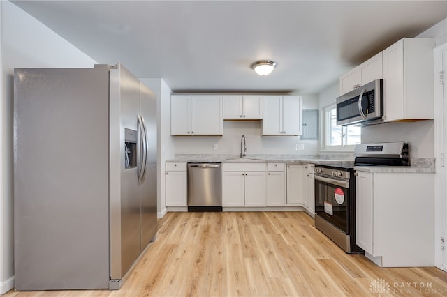 kitchen featuring white cabinetry, appliances with stainless steel finishes, sink, and light hardwood / wood-style flooring