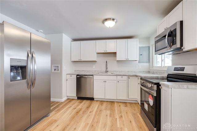 kitchen featuring sink, white cabinets, electric panel, stainless steel appliances, and light wood-type flooring