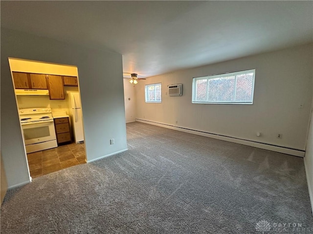 unfurnished living room with ceiling fan, baseboard heating, light colored carpet, and a wall mounted air conditioner