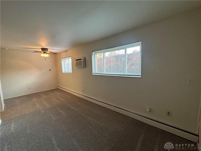 carpeted empty room featuring ceiling fan, baseboard heating, and a wall mounted AC