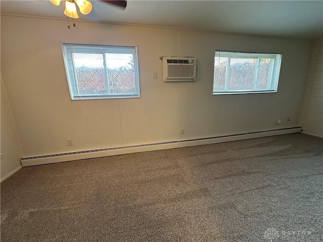 unfurnished room with crown molding, a baseboard heating unit, ceiling fan, carpet flooring, and a wall mounted AC