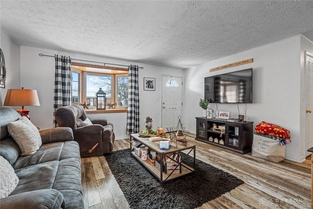 living room with wood-type flooring and a textured ceiling