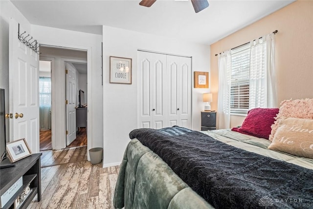 bedroom with ceiling fan, multiple windows, and a closet