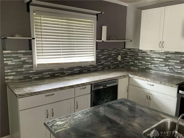 3901 Falmouth Ave, Dayton, OH 45416 - kitchen with open shelves, stainless steel dishwasher, and white cabinets