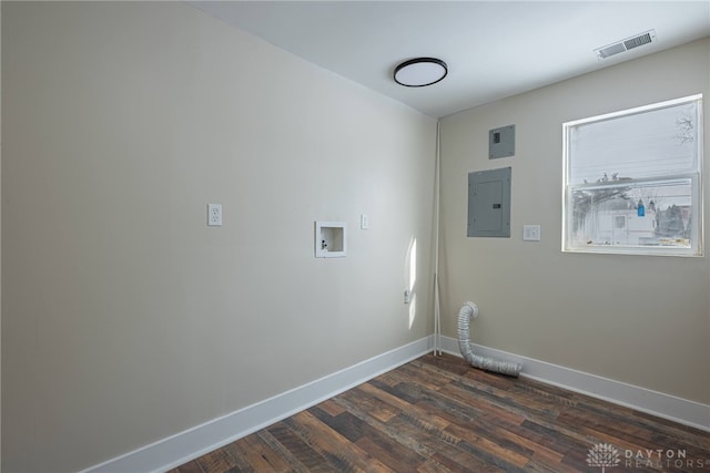 laundry area with washer hookup, electric panel, and dark hardwood / wood-style floors