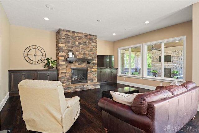 living room featuring a fireplace and dark hardwood / wood-style flooring