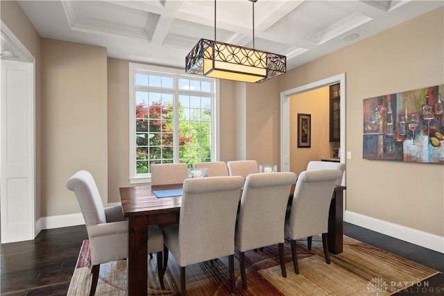 dining area featuring coffered ceiling, dark wood-type flooring, and beam ceiling