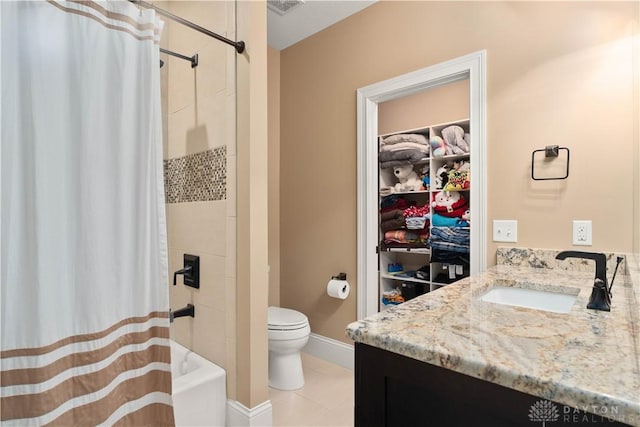 full bathroom featuring toilet, vanity, shower / bathtub combination with curtain, and tile patterned flooring