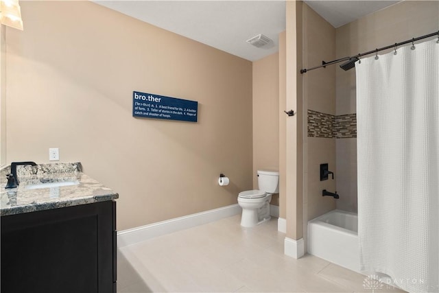 full bathroom featuring shower / bath combo with shower curtain, toilet, tile patterned flooring, and vanity