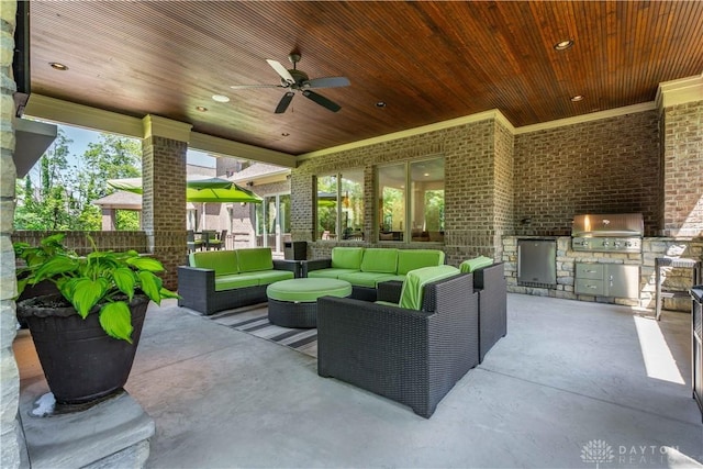 view of patio featuring a grill, ceiling fan, outdoor lounge area, and area for grilling