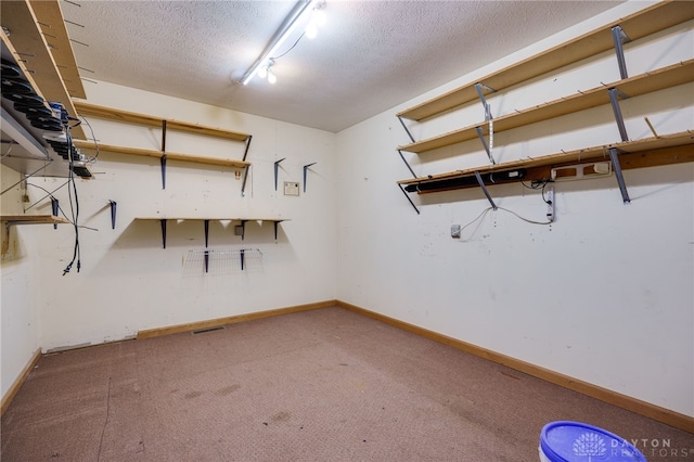 basement featuring carpet flooring and a textured ceiling