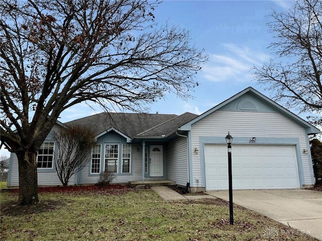 single story home with a garage and a front lawn