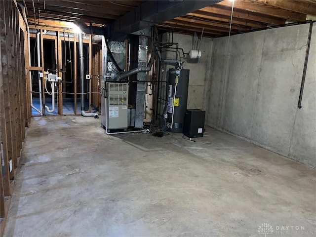 basement with heating unit and gas water heater