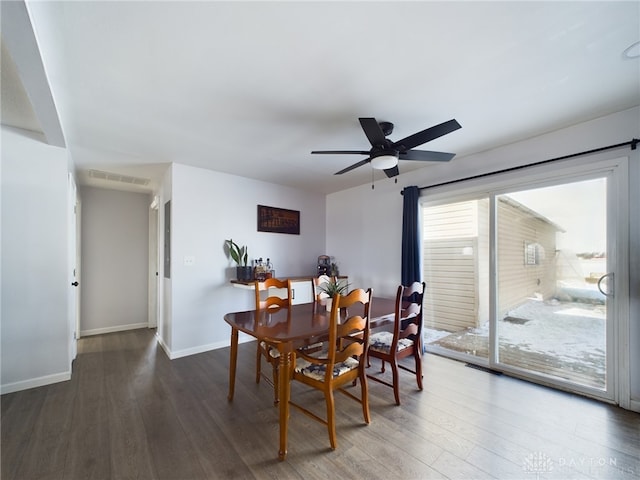 dining room featuring dark hardwood / wood-style floors and ceiling fan