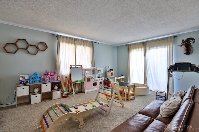 game room with crown molding, a textured ceiling, and carpet