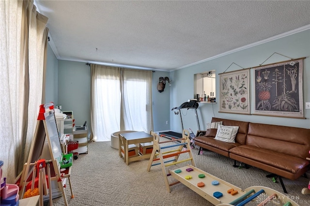 playroom with a textured ceiling, carpet, and ornamental molding