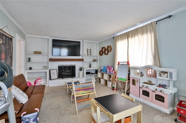 carpeted living room featuring a brick fireplace, ornamental molding, and a textured ceiling