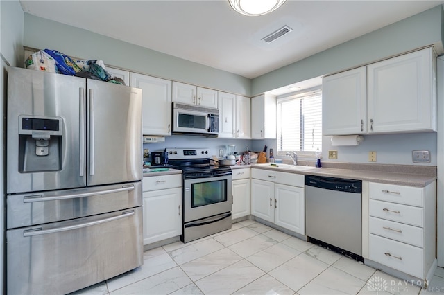 kitchen with sink, stainless steel appliances, and white cabinetry