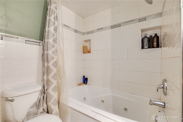 bathroom featuring toilet and shower / tub combo with curtain