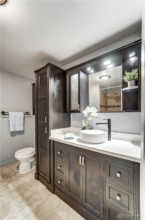 bathroom featuring toilet, a shower, and vanity