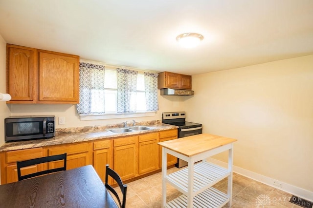 kitchen featuring sink, light tile patterned flooring, and stainless steel electric stove