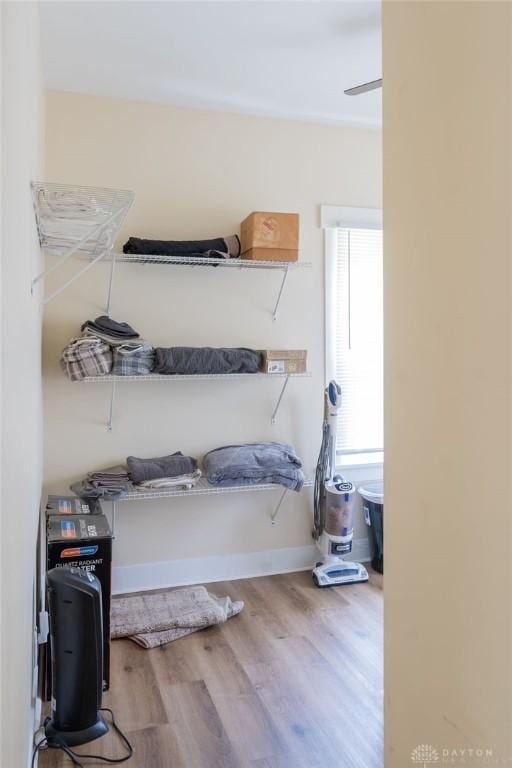 walk in closet with hardwood / wood-style floors