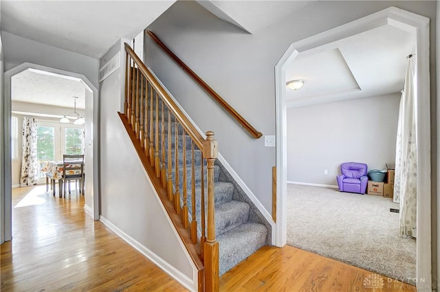 staircase with hardwood / wood-style floors