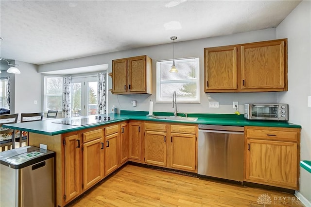 kitchen featuring sink, hanging light fixtures, black electric cooktop, stainless steel dishwasher, and kitchen peninsula