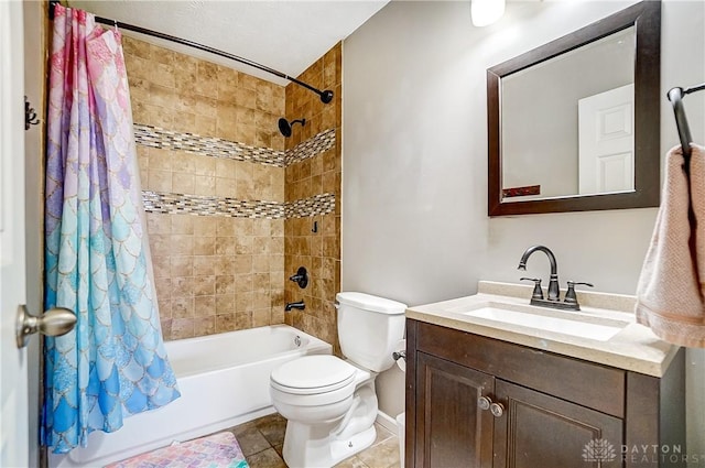 full bathroom featuring toilet, vanity, shower / bathtub combination with curtain, and tile patterned flooring