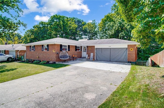 ranch-style house featuring driveway, an attached garage, fence, a front lawn, and brick siding