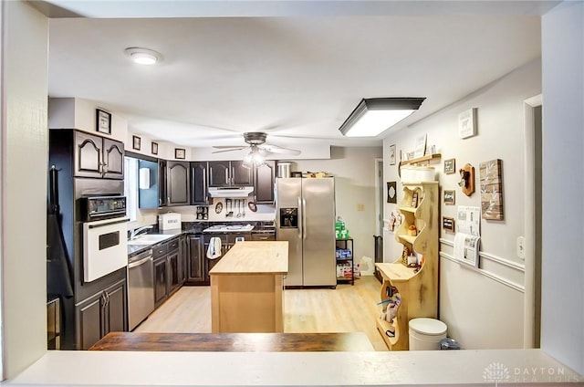 kitchen with butcher block counters, sink, ceiling fan, stainless steel appliances, and light hardwood / wood-style floors