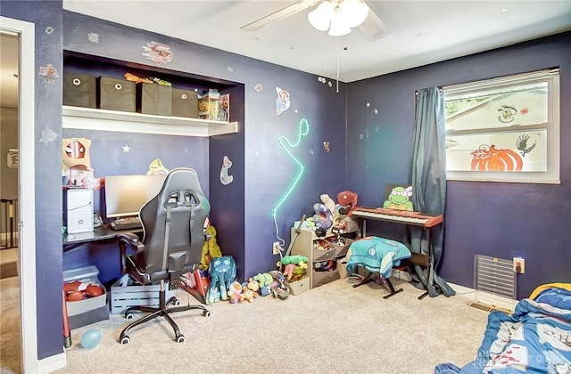 interior space featuring carpet flooring and ceiling fan