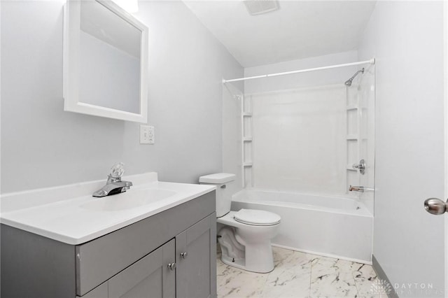 full bathroom featuring shower / washtub combination, toilet, and vanity