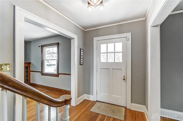 entrance foyer featuring baseboards, crown molding, and wood finished floors