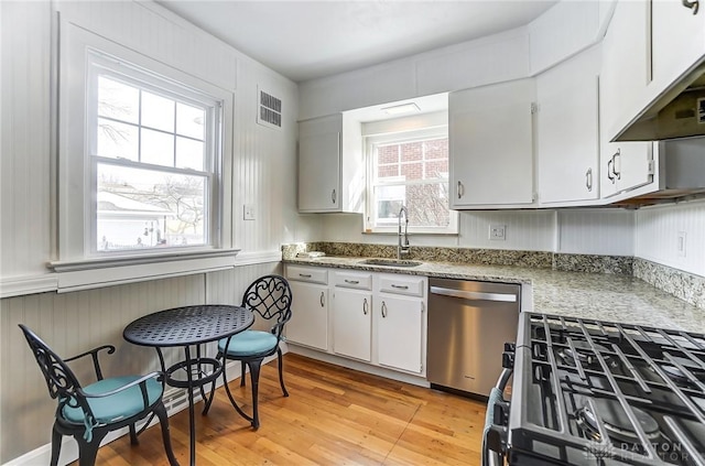 kitchen featuring a sink, white cabinets, dishwasher, and range with gas cooktop