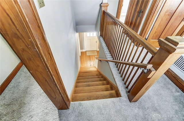 stairway featuring carpet floors and baseboards